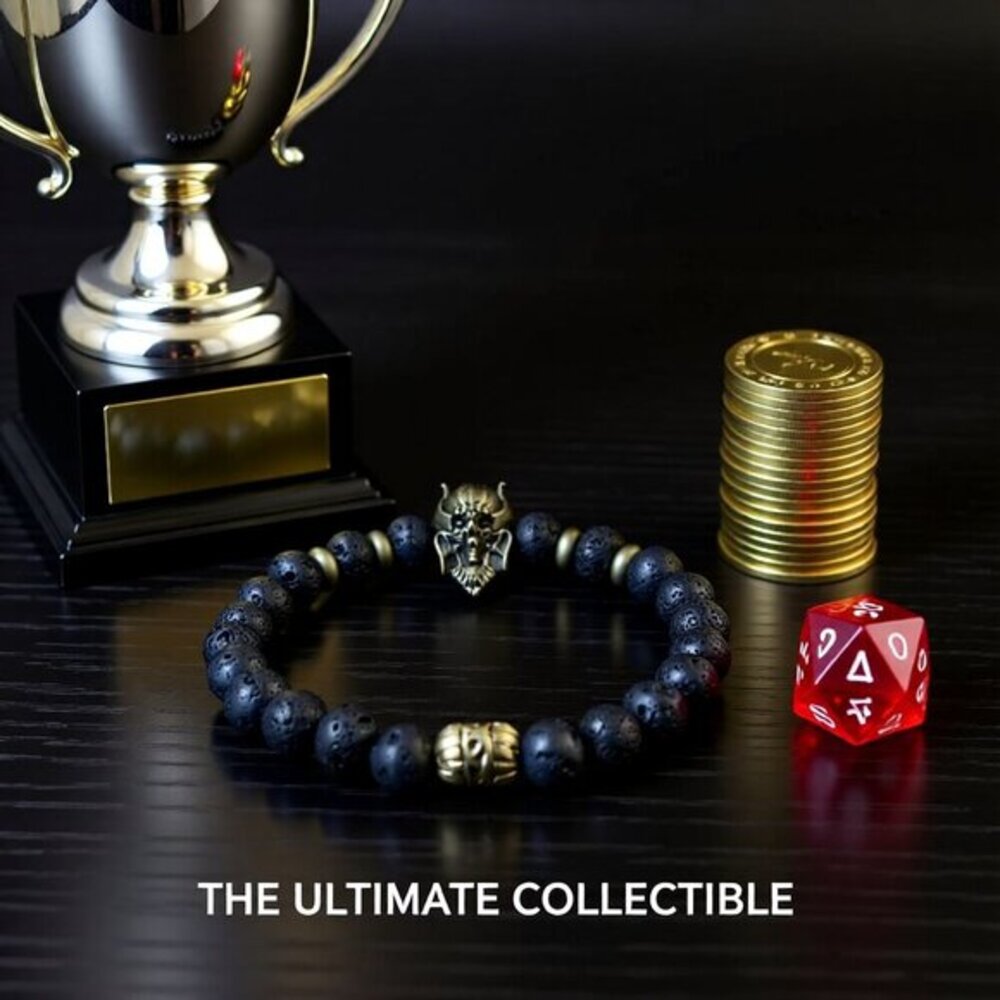 Alien Warrior Skull + Lava Rock Beads! Rugged Men's Bracelet! Biker Rocker Punk